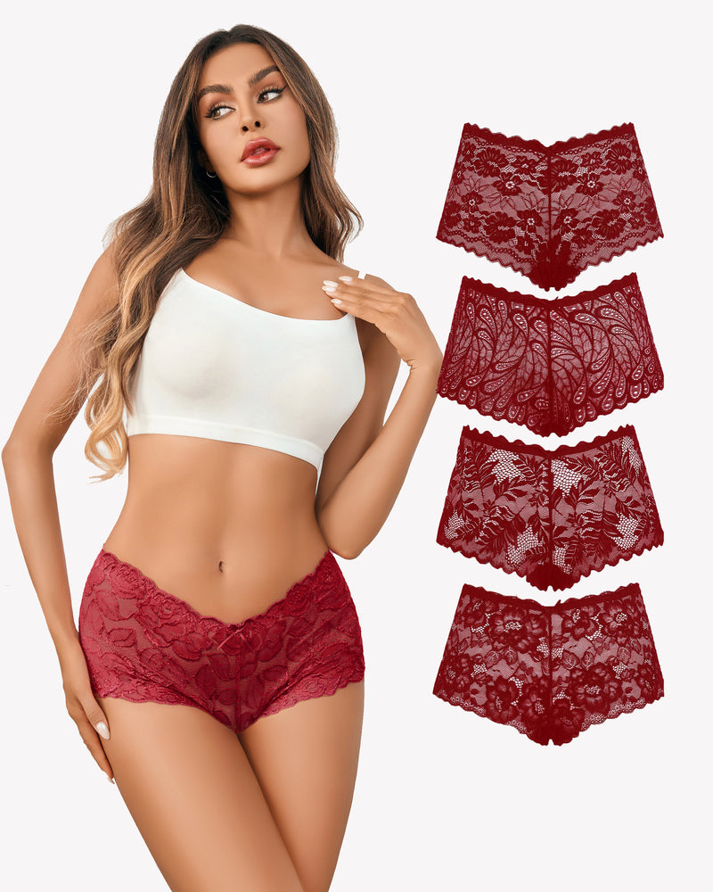 Avidlove burgundy floral lace panties, model wearing mid-rise style, multiple patterns, soft stretch