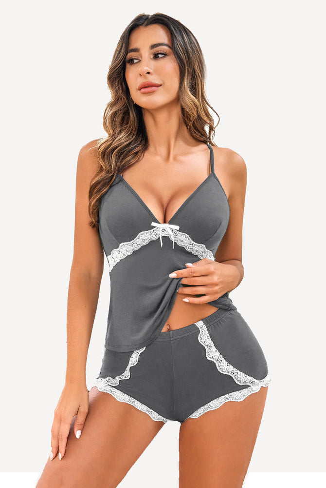 Charcoal gray lace trim pajama set with adjustable straps, elegant women's sleepwear.