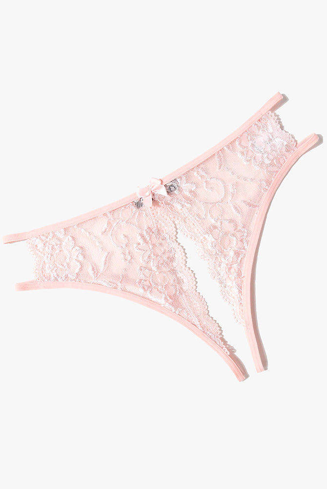 Pink floral lace low-rise panties with bow and cut-out detail. Avidlove sexy lingerie design.