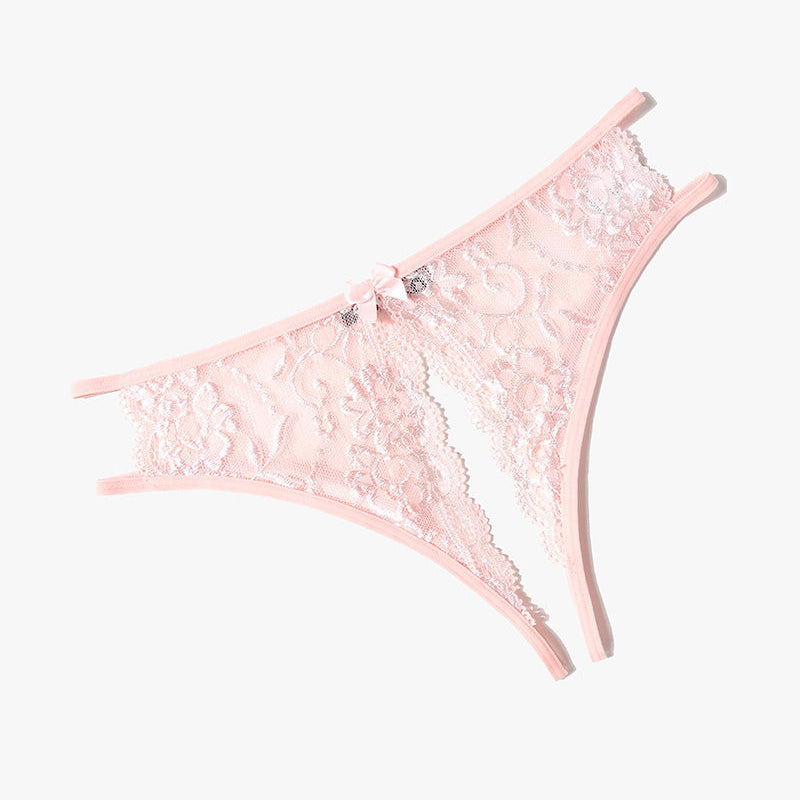 Pink floral lace low-rise panties with bow and cut-out detail. Avidlove sexy lingerie design.