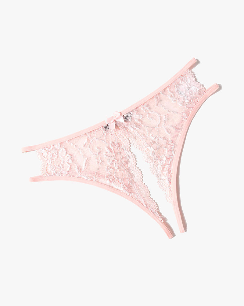 Pink floral lace low-rise panties with bow and cut-out detail. Avidlove sexy lingerie design.