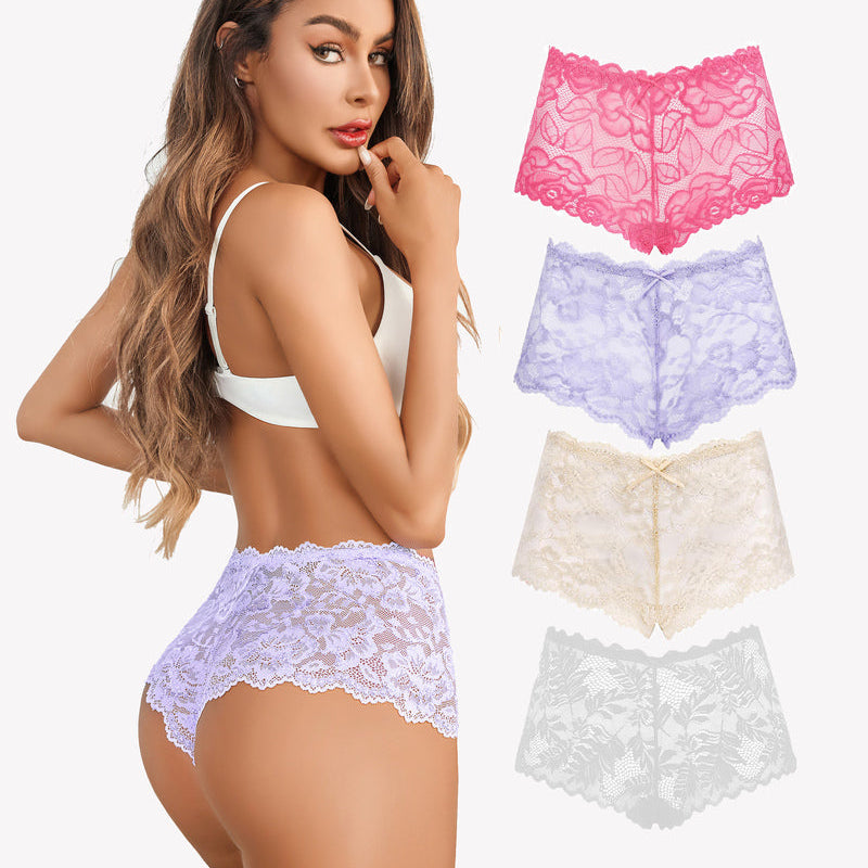 Avidlove Floral Lace Panties Set: Model wears lavender mid-rise panty, multi-color set displayed