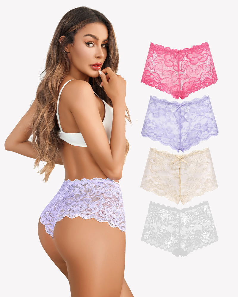 Avidlove Floral Lace Panties Set: Model wears lavender mid-rise panty, multi-color set displayed