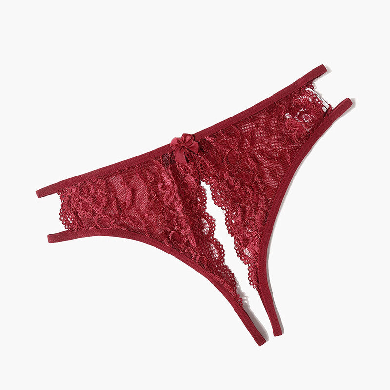 Burgundy floral lace low-rise panties with bow and cut-out; Avidlove sexy lingerie.
