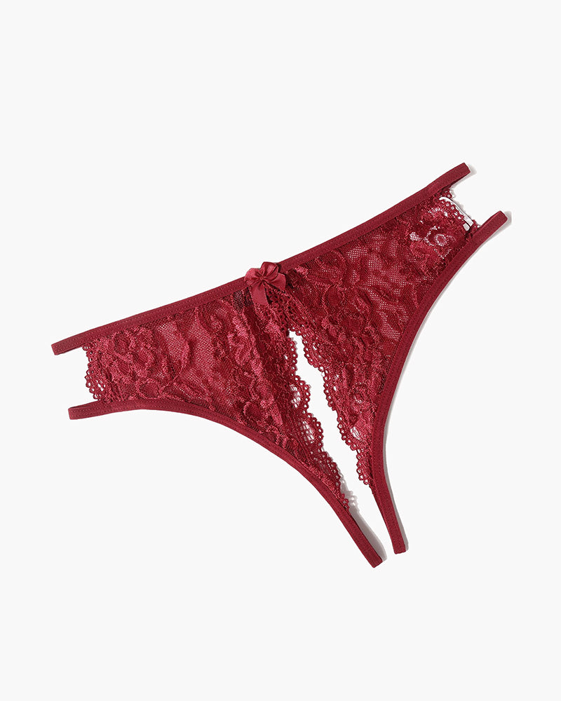 Burgundy floral lace low-rise panties with bow and cut-out; Avidlove sexy lingerie.