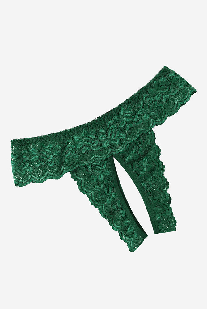 Green Avidlove lace low rise hipster thong, open back design, floral lace detail, sexy lingerie