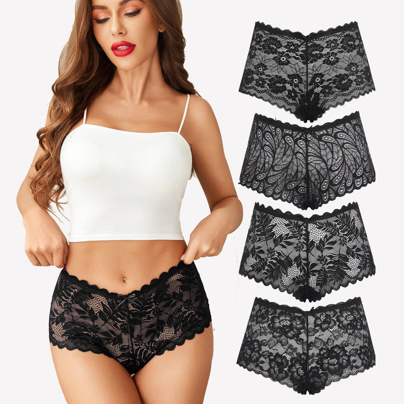 Avidlove 4 Pcs Floral Lace Panties: Black lace mid-rise panty, soft stretch, multiple lace patterns