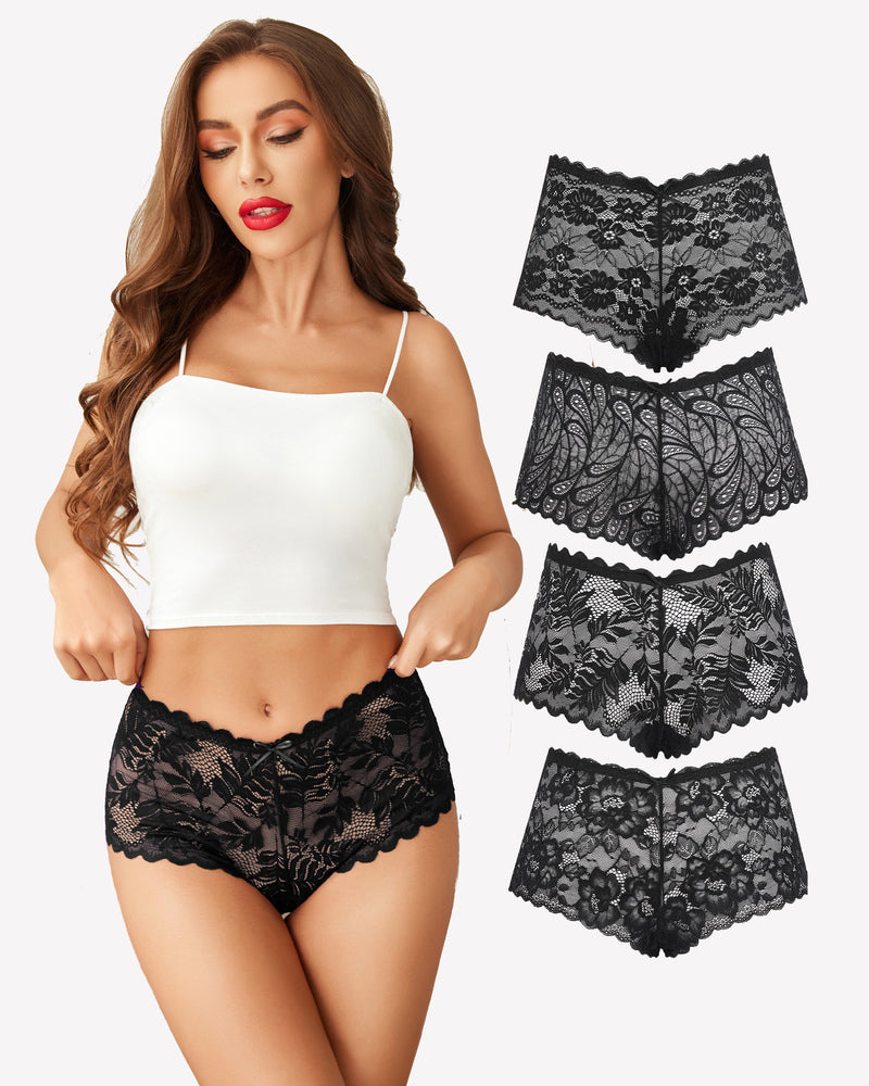 Avidlove 4 Pcs Floral Lace Panties: Black lace mid-rise panty, soft stretch, multiple lace patterns