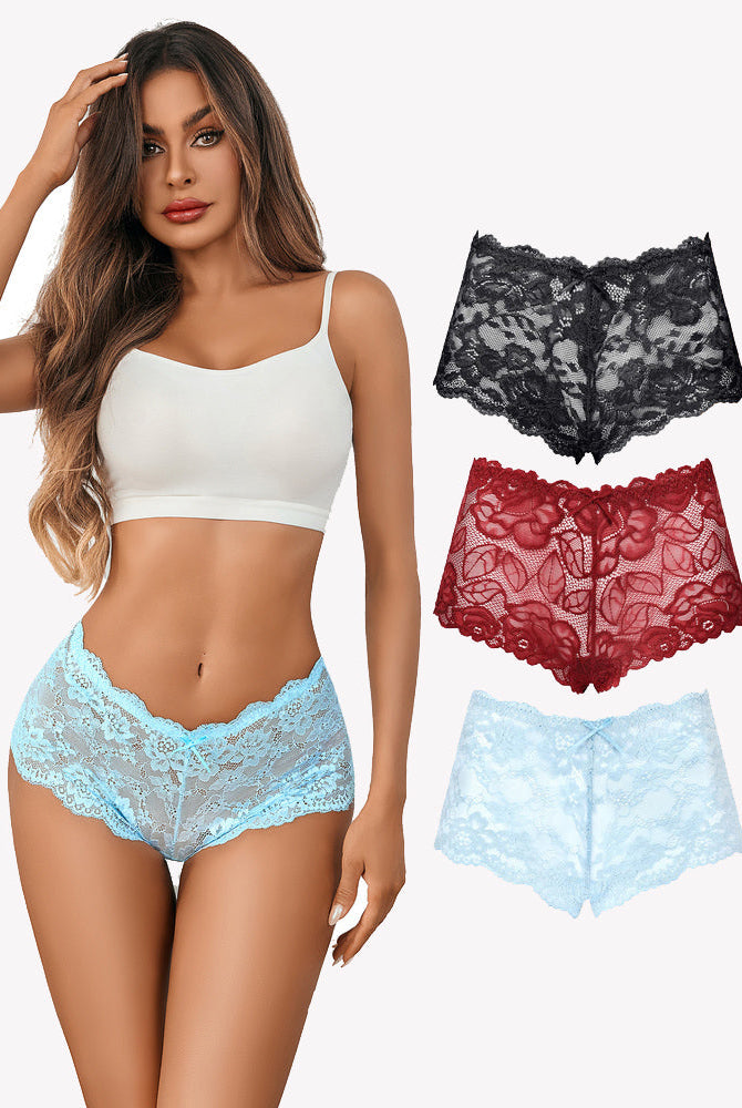 Avidlove floral lace panties set. Model wearing light blue, with black, burgundy, and blue options.