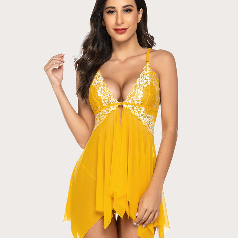 Yellow lace front closure babydoll lingerie with asymmetrical hem. Sexy bridal option.