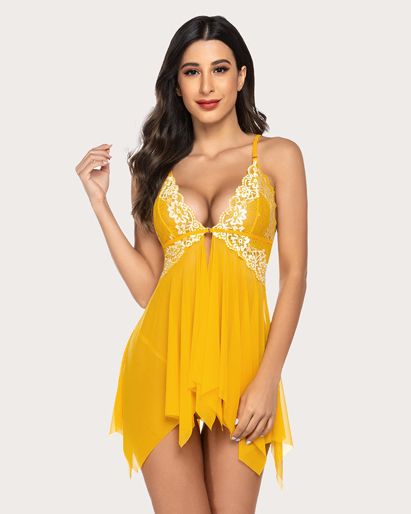 Yellow lace front closure babydoll lingerie with asymmetrical hem. Sexy bridal option.