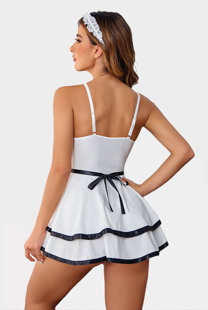 White Maid Lingerie Babydoll with black trim, apron tie, and lace headband. Sexy lingerie.