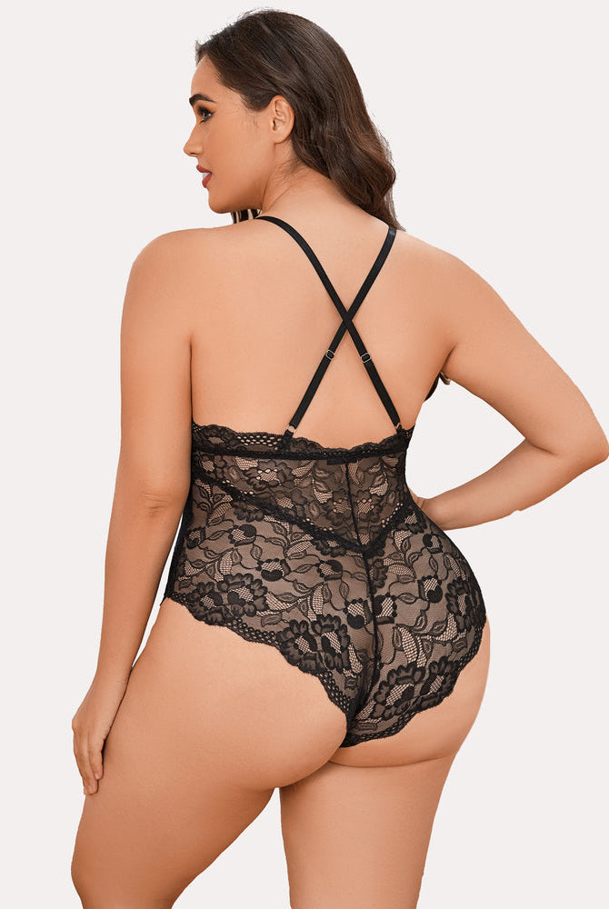 Black lace bodysuit for plus size women. Features adjustable straps, and snap crotch.