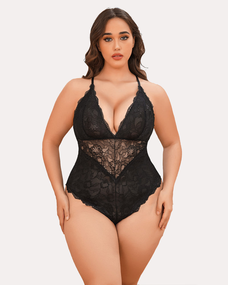 Black plus size lace bodysuit with deep V-neck, snap crotch, Avidlove lingerie for curvy women