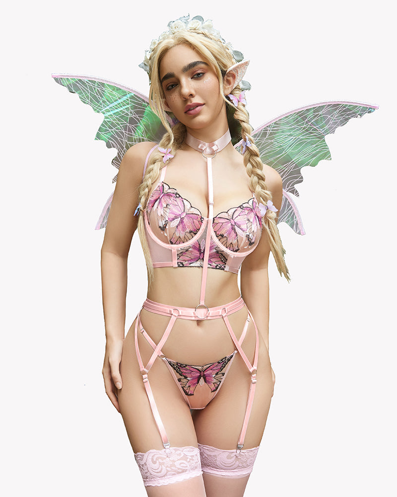 Pink butterfly lingerie set: bra, garter, thong, stockings. Romantic night wear