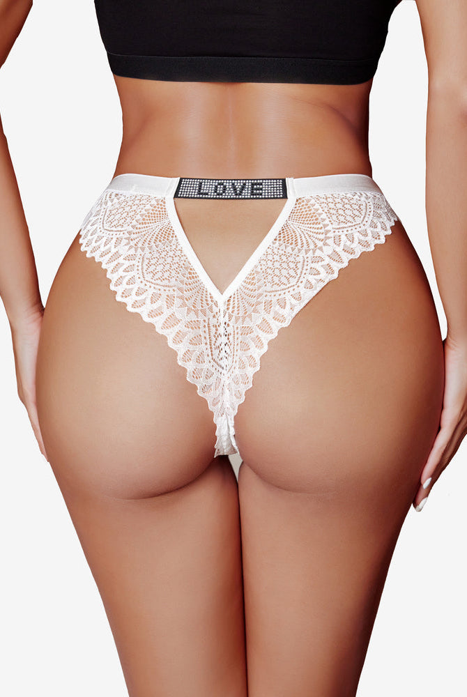 White lace panty thong with rhinestone 'LOVE' detail, offering a stylish and elegant design.