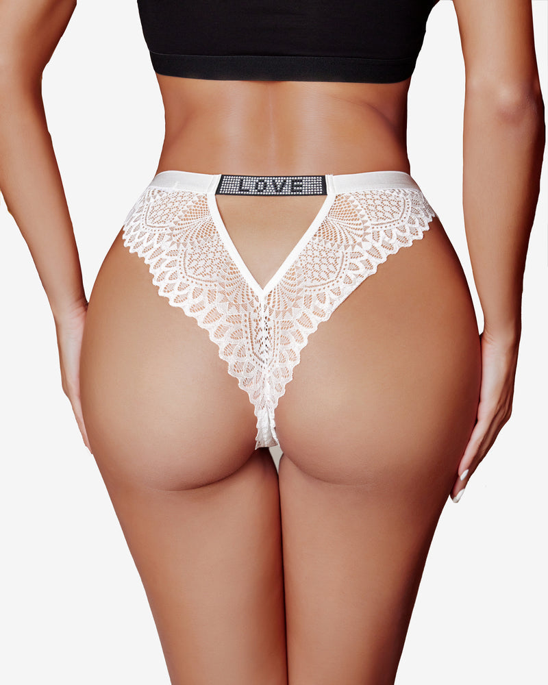 White lace panty thong with rhinestone 'LOVE' detail, offering a stylish and elegant design.