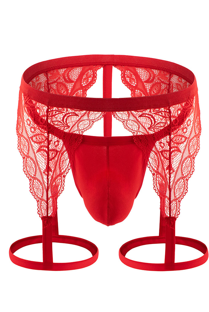 Red lace thong with leg harness loops and front pouch