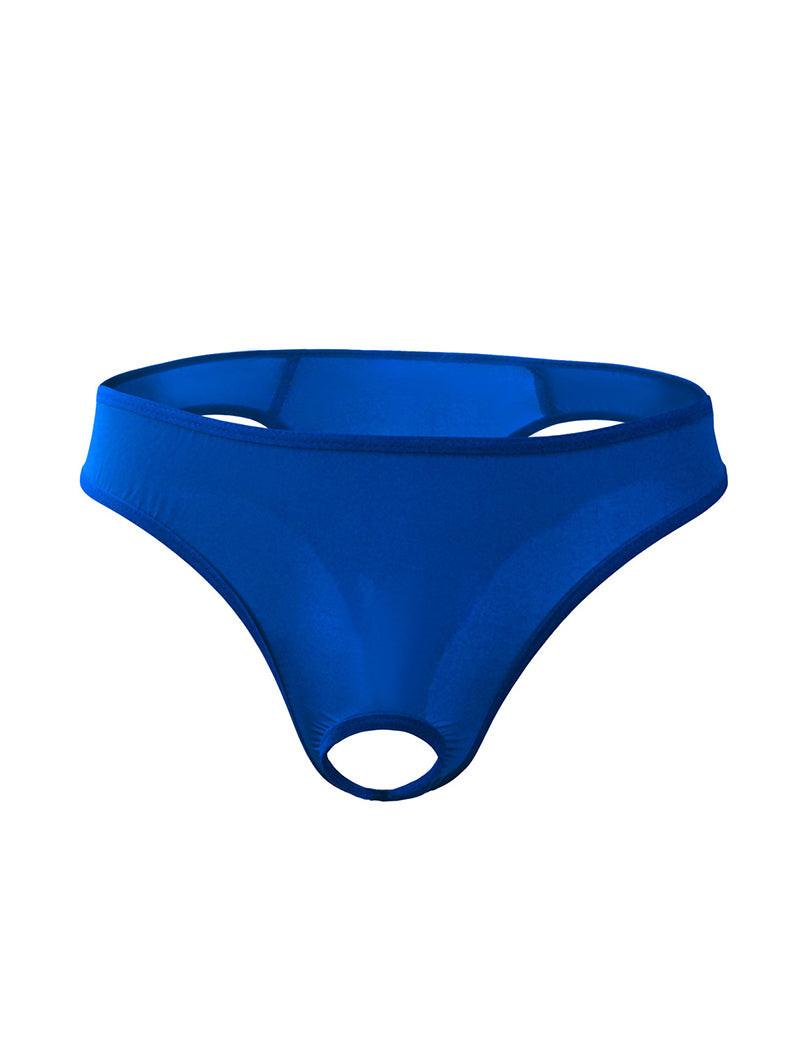 Blue sheer men’s G-string thong with slim waistband and open oval front cutout