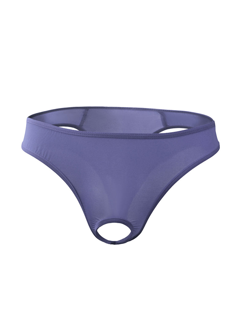 Purple sheer men’s G-string thong with slim waistband and open oval cutout
