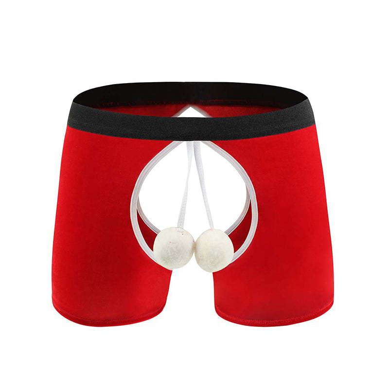 Red open-crotch boxer shorts with black waistband and white pouch with hanging pom-poms