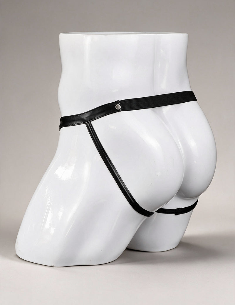 Black faux leather thong with V-shaped side straps and adjustable waistband