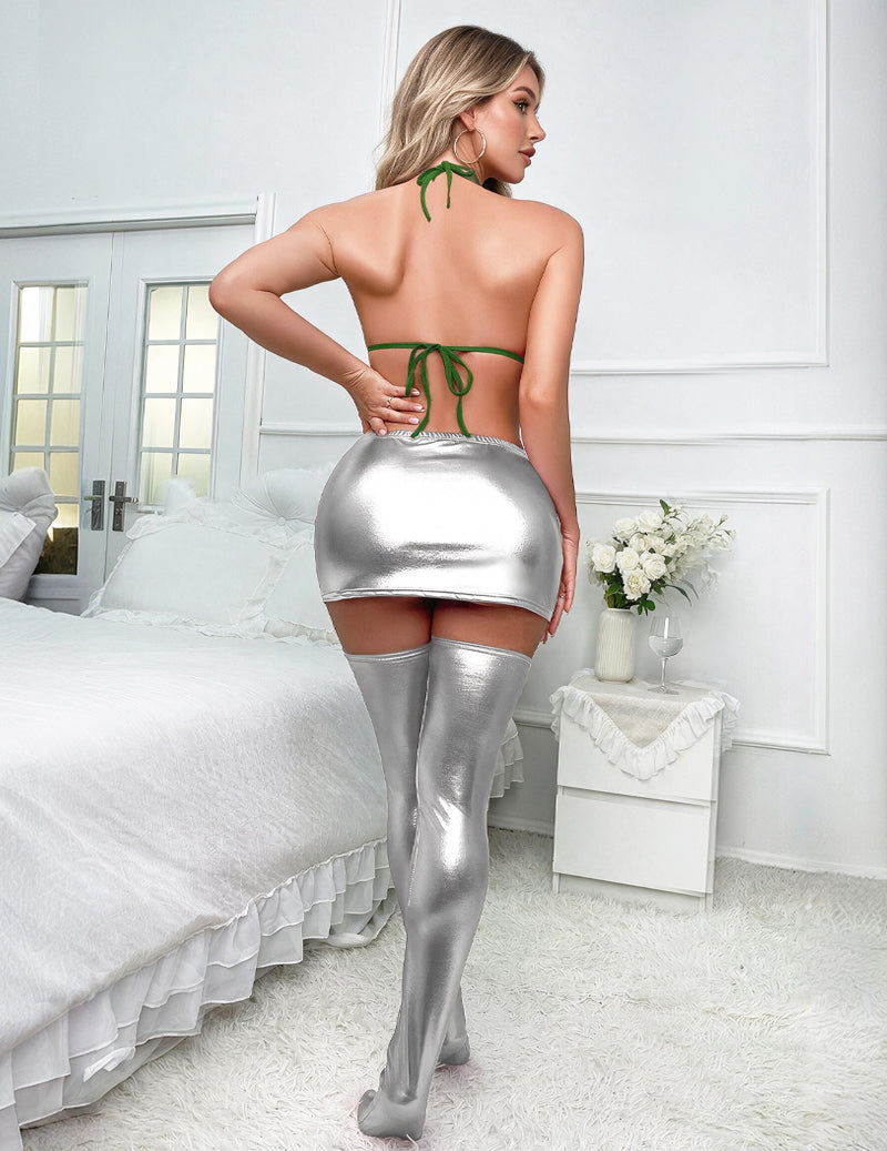 Metallic silver PU crop top, mini skirt, and thigh-high socks set, back view