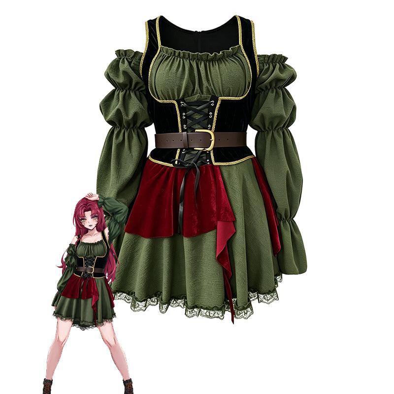 Green pirate captain costume dress with black bodice, puff sleeves, red skirt and brown belt