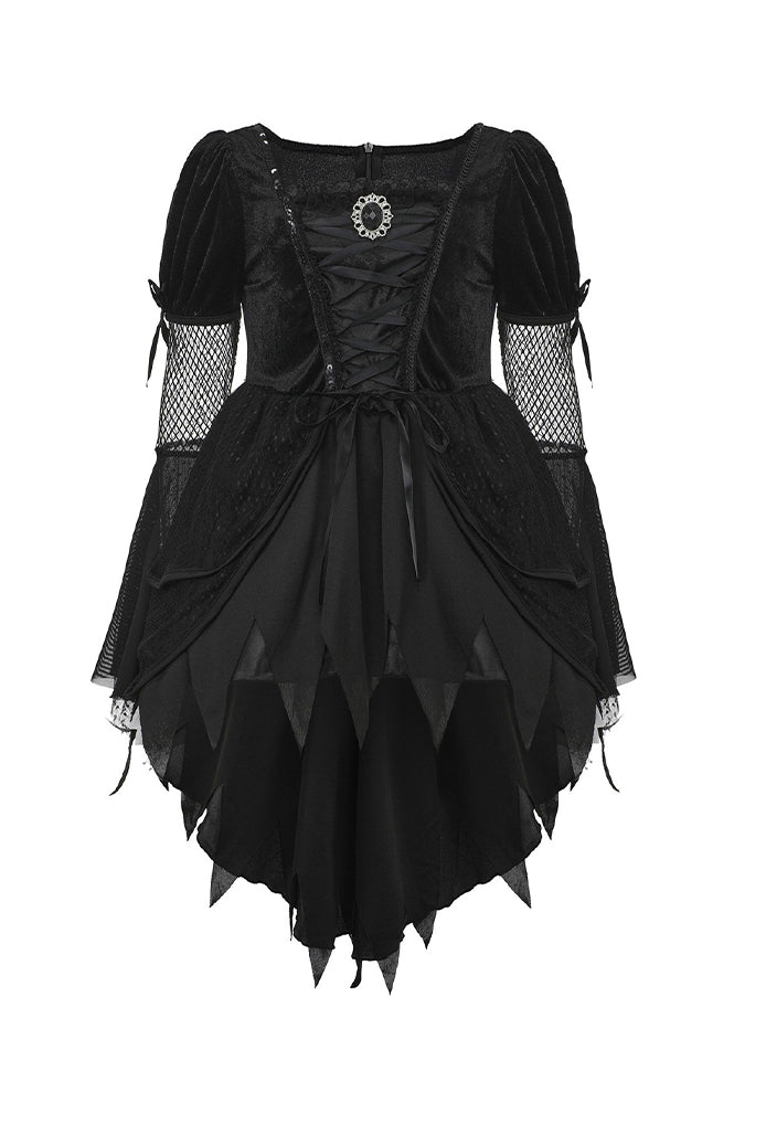 Black gothic witch costume dress with corset bodice, mesh sleeves, tiered triangular skirt