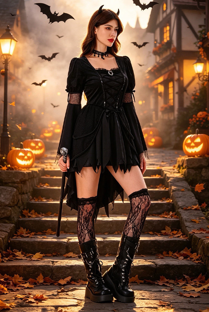 Black gothic witch costume dress with corset lacing, mesh sleeves, layered skirt, lace tights