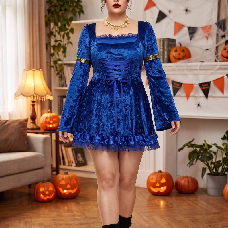 Blue gothic lace long-sleeve mini dress with lace-up bodice and flounced skirt