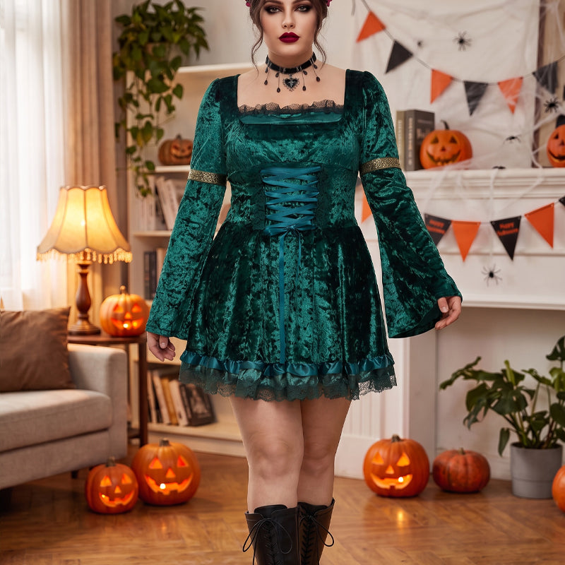 Teal gothic lace long-sleeve mini dress with lace-up bodice and ruffled hem