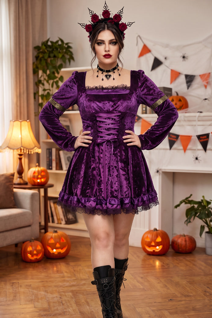 Purple gothic lace long-sleeve mini dress with lace-up bodice and layered skirt