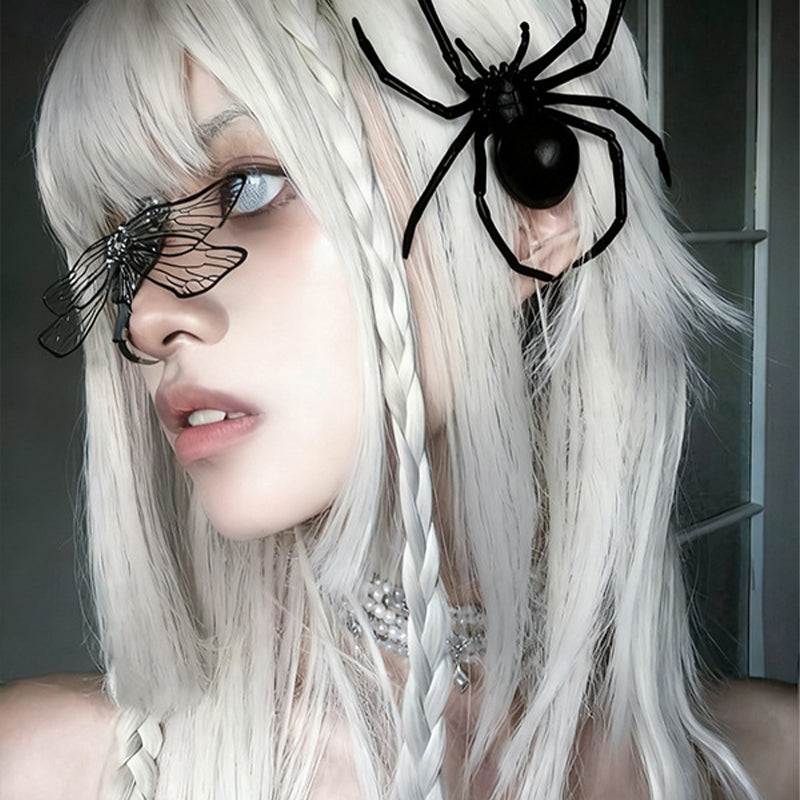 Black spider hair clips on white long hair, side profile gothic headpiece