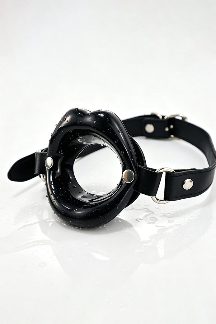 Black PU leather ring gag choker with adjustable buckle and metal studs