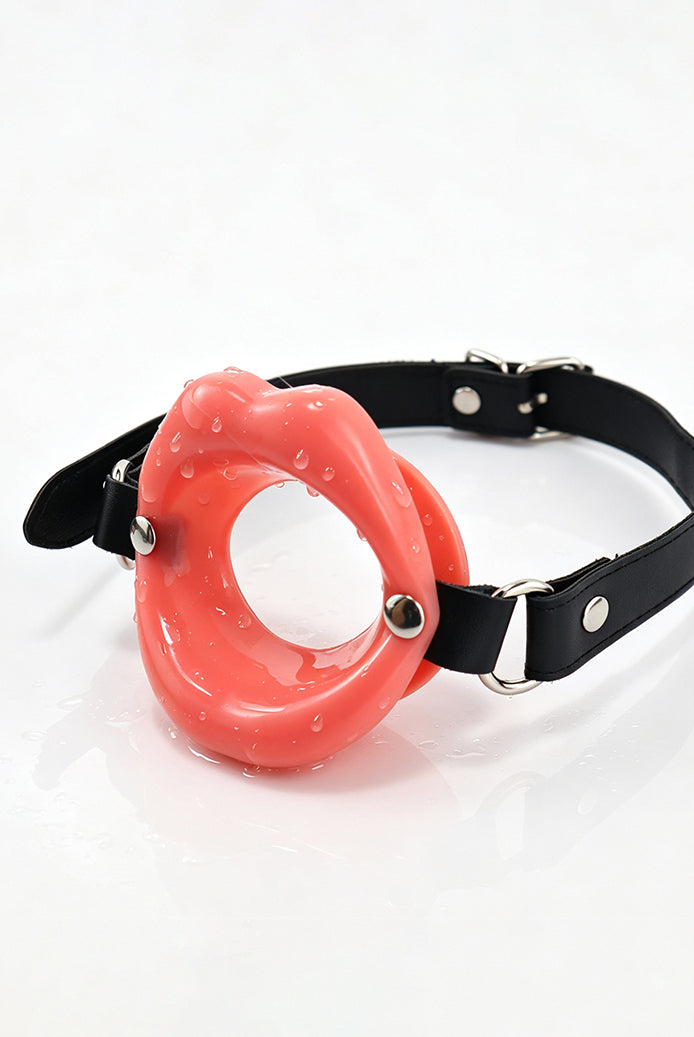 Black ring gag collar with glossy red mouth ring and adjustable buckle