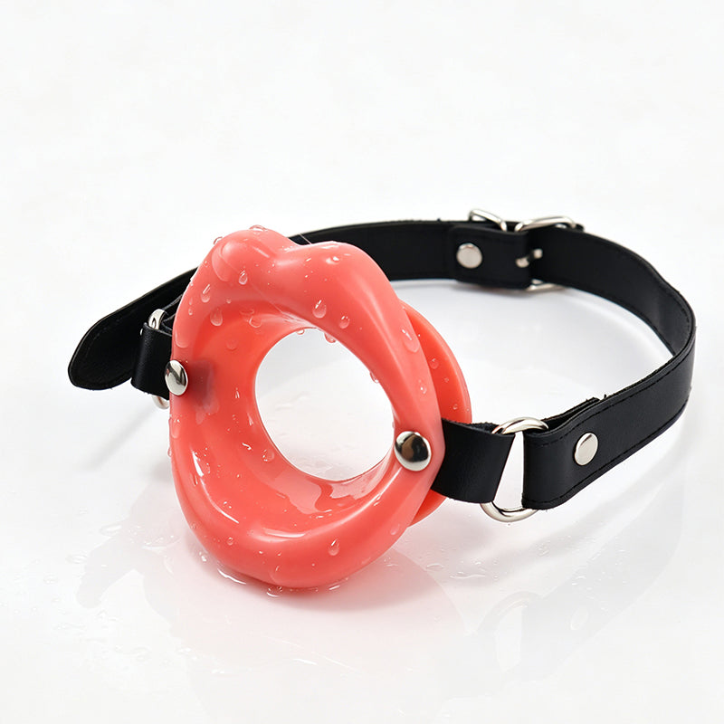 Black ring gag collar with glossy red mouth ring and adjustable buckle