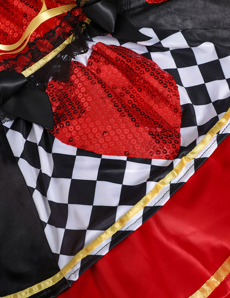 Close-up of checkerboard and red sequin heart fabric panels with gold piping