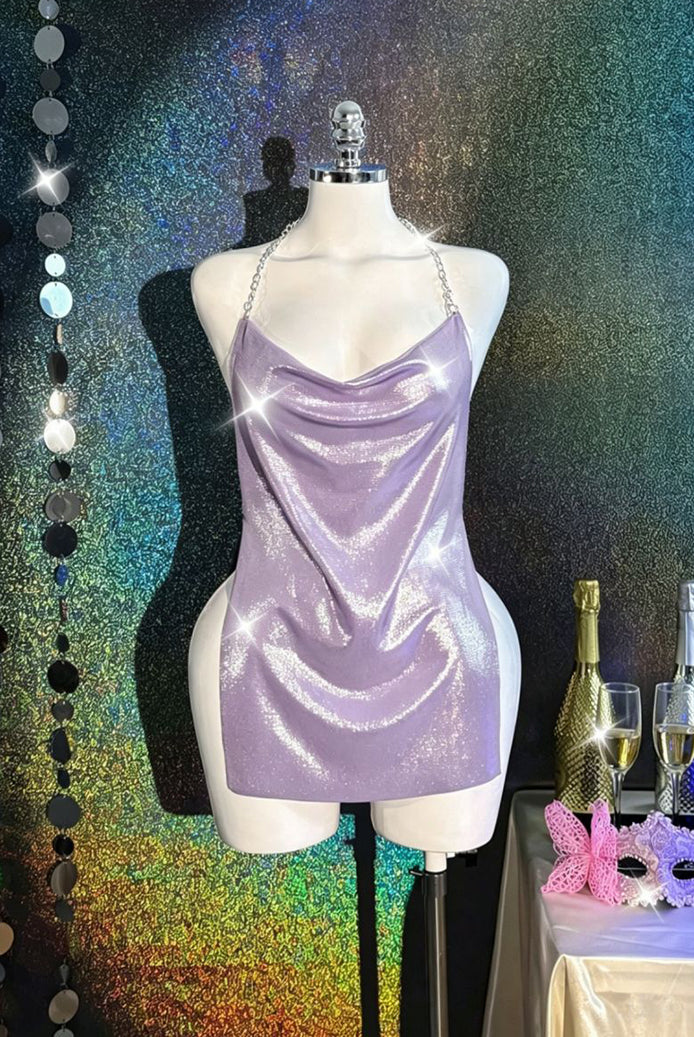 Light purple holographic metallic bodycon mini dress on mannequin with cowl neckline