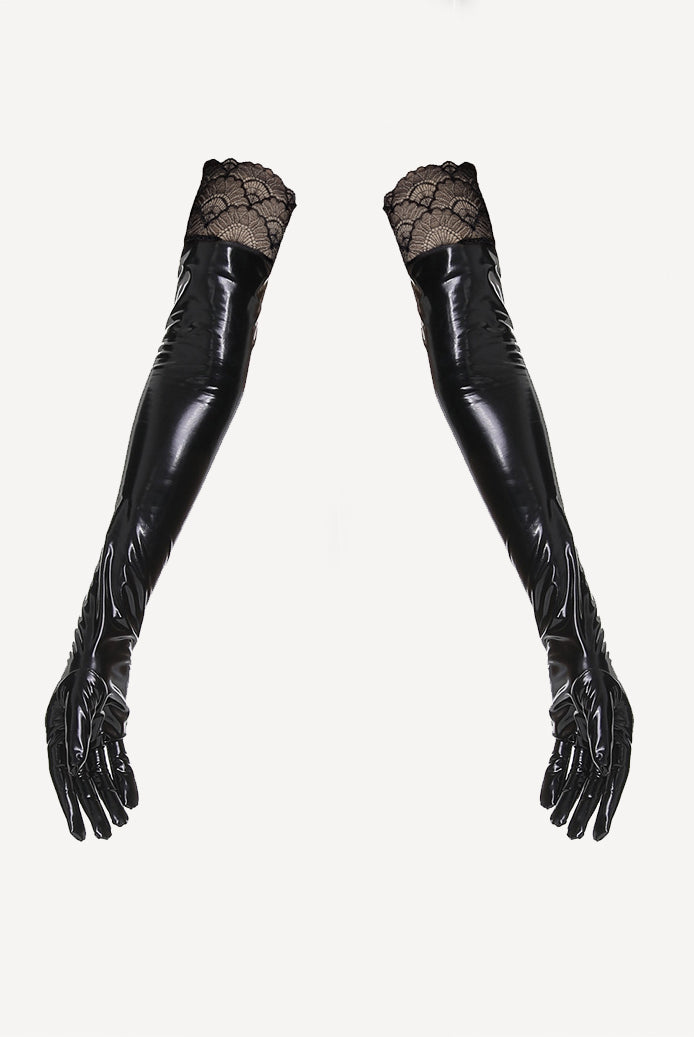 Black patent leather opera gloves with lace cuff, long elbow-length fit
