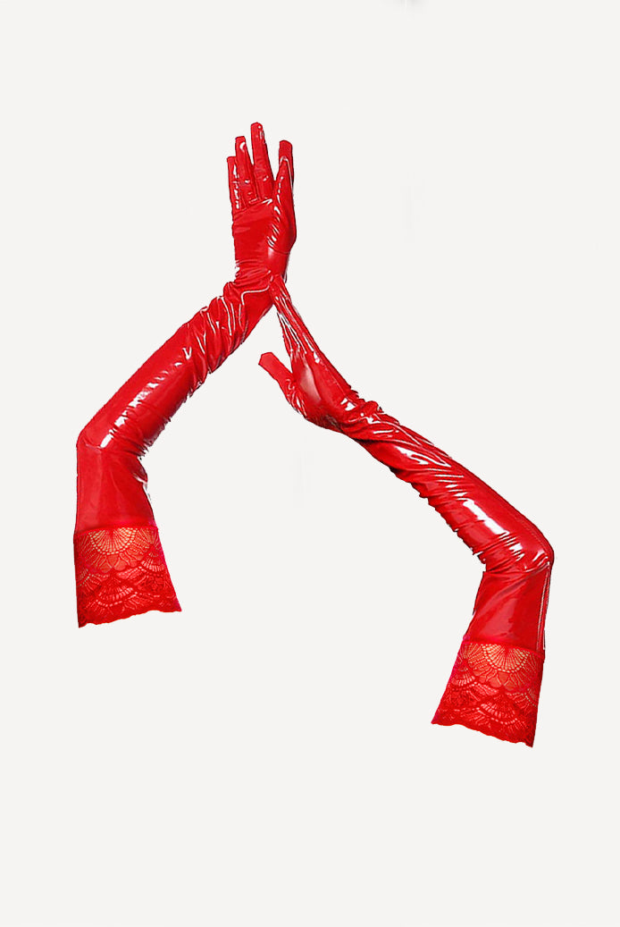 Red patent leather opera gloves with lace cuffs, glossy long elbow-length fit