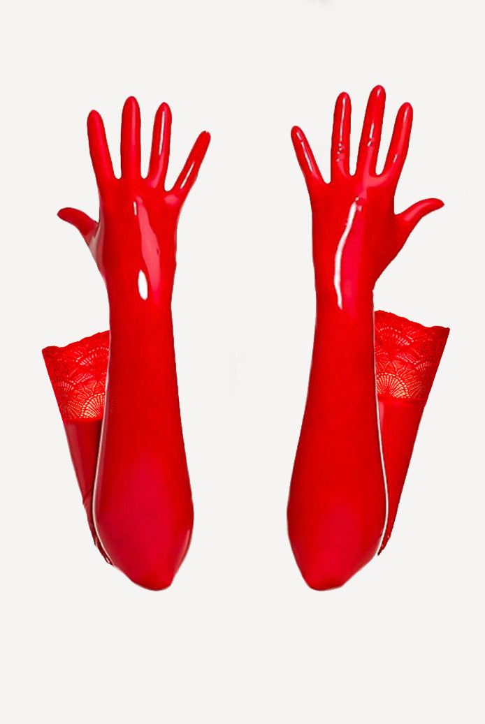 Red patent leather opera gloves with lace cuff and open hand, elbow-length fit