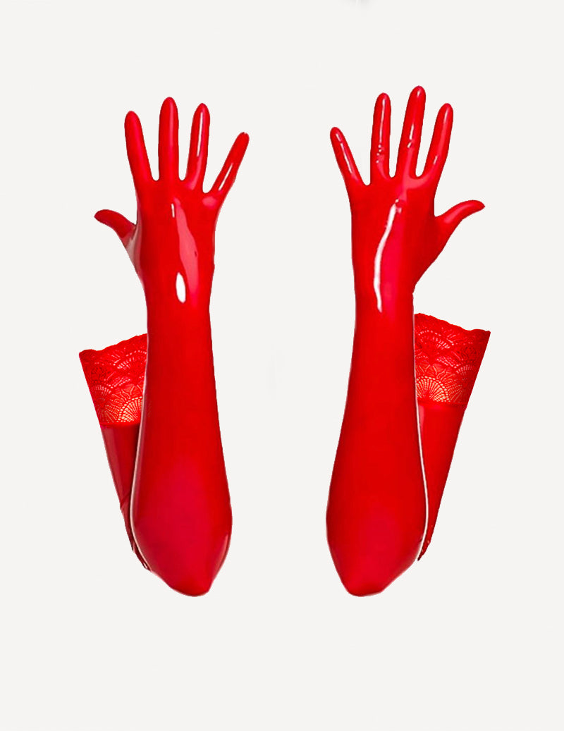 Red patent leather opera gloves with lace cuff and open hand, elbow-length fit