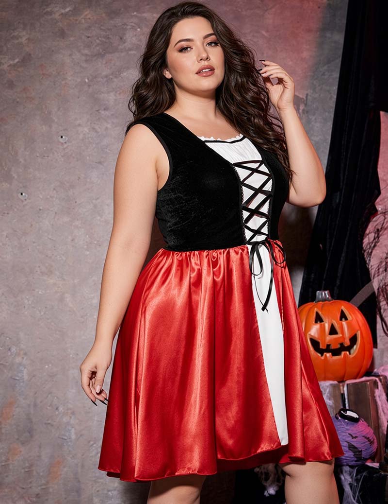 Plus-size witch dress with red satin skirt, black sleeveless bodice, and white lace-up corset