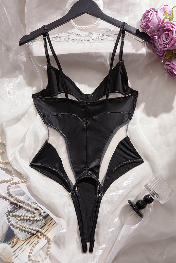 Black PU leather bodysuit with mesh sides on hanger, featuring open crotch opening.