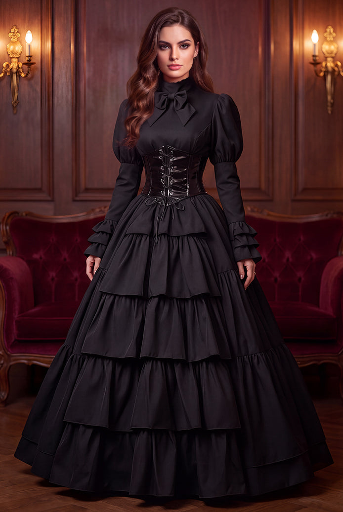 Black tiered maxi gown with puff sleeves and lace-up waist cincher