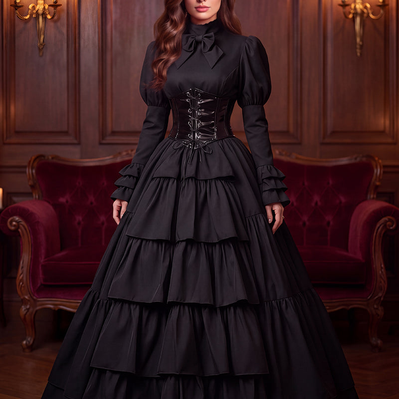 Black tiered maxi gown with puff sleeves and lace-up waist cincher