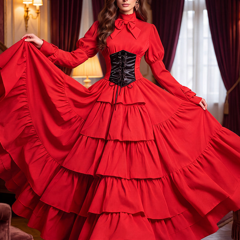 Crimson red tiered maxi gown with puff sleeves and lace-up waist cincher