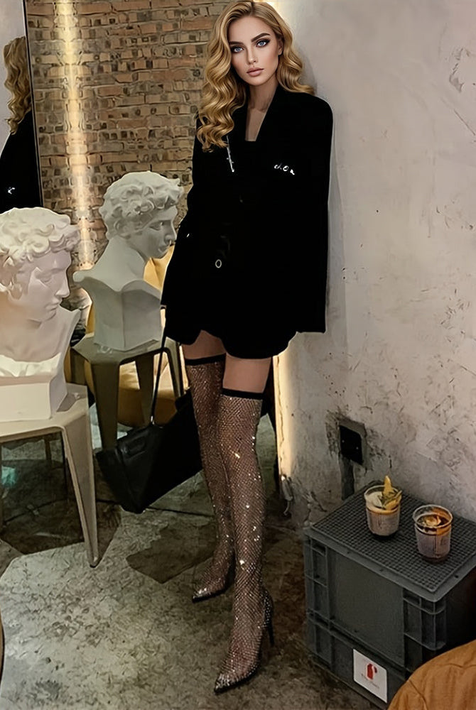 Black rhinestone fishnet over-the-knee stiletto boots with tall pointed heel