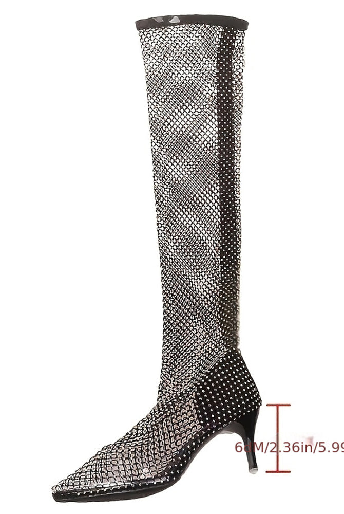 Black rhinestone fishnet over-the-knee stiletto boots, front view